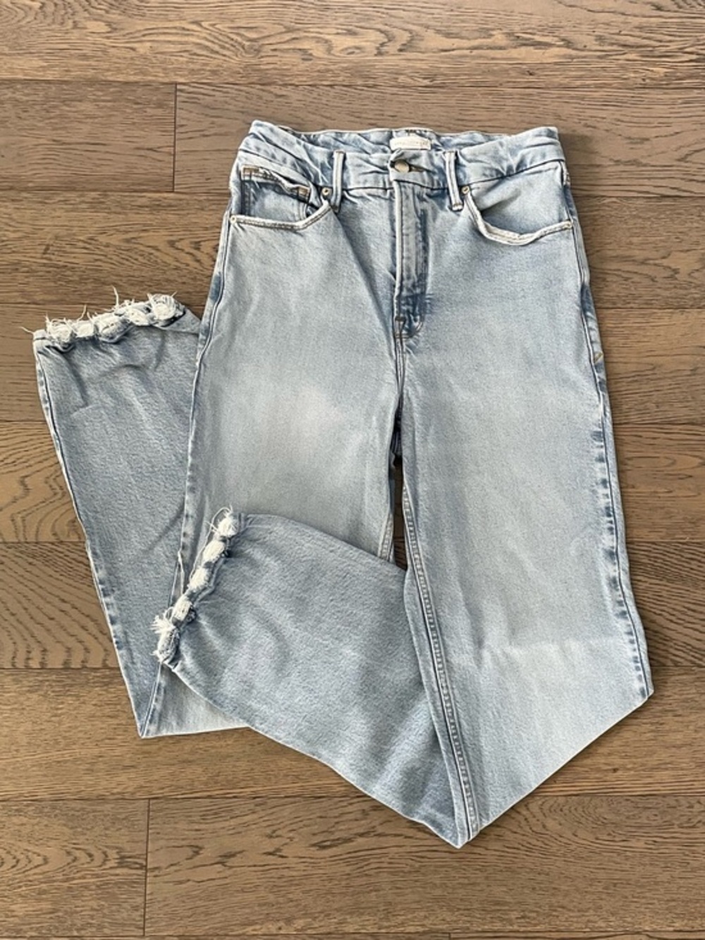 Good American Pale Blue Straight-Leg Jeans with Raw Hem